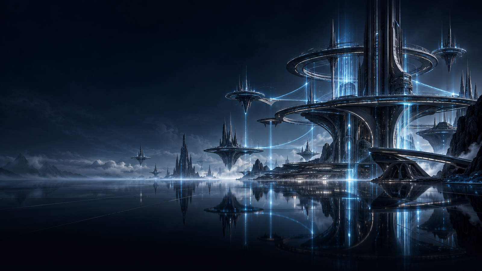 An imagined AI world of luminous blue computational architecture suspended above an obsidian landscape